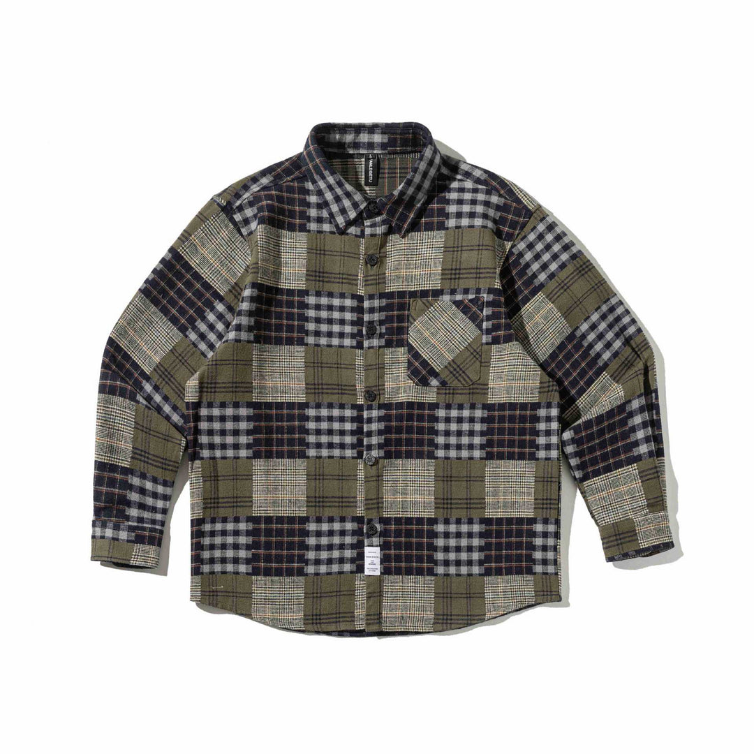 Herren Karierter Patchwork-Flanell-Overshirt mit Brusttasche Echoarchiv