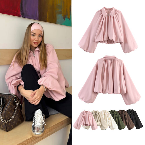 Damen Kurze Cape-Jacke mit voluminösen Ballonärmeln, Stehkragen und Reißverschluss Echo Archiv