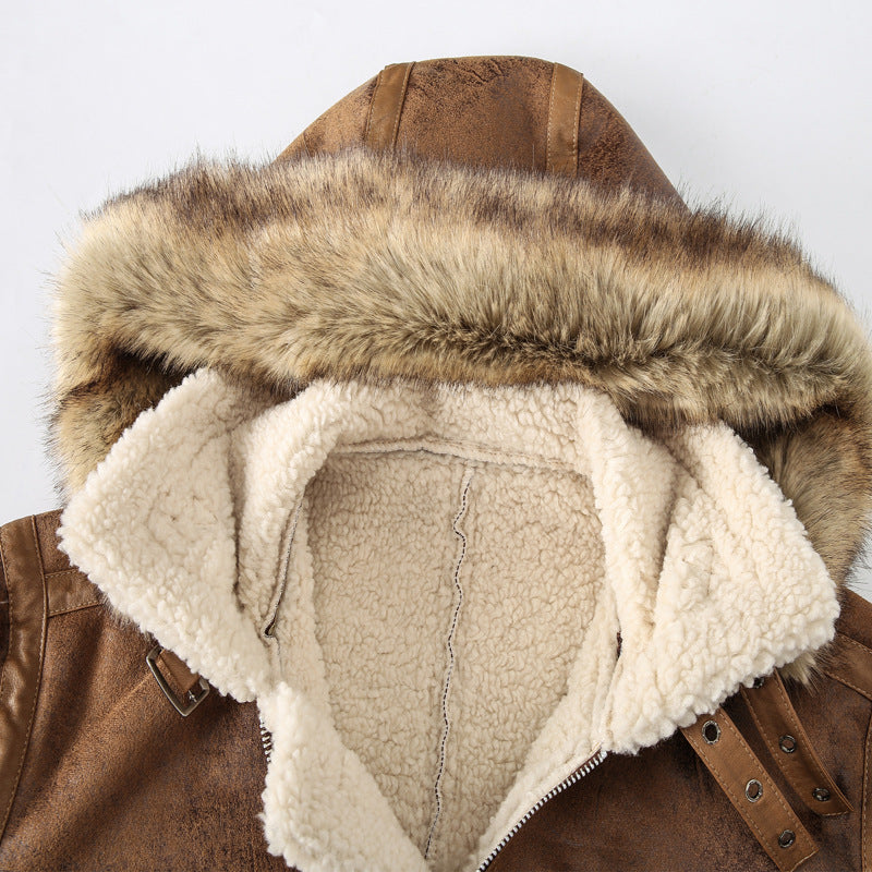 Herren Vintage Lammfell Fliegerjacke mit Kapuze und Teddyfutter – Taviero