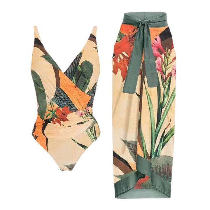 Damen Einteiler Badeanzug mit raffiniertem Wickeldesign und floralem Print Echo Archiv