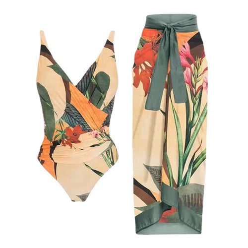 Damen Einteiler Badeanzug mit raffiniertem Wickeldesign und floralem Print Echo Archiv
