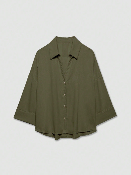 Damen Leichte Oversize Leinenoptik Bluse mit Dreiviertelärmeln und durchgehender Knopfleiste Echoarchiv