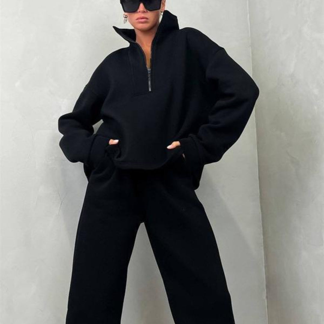 Damen nan weiches Oversize-Halbzip-Loungewear-Set mit hohem Stehkragen und taillierter Jogginghose Echo Archiv