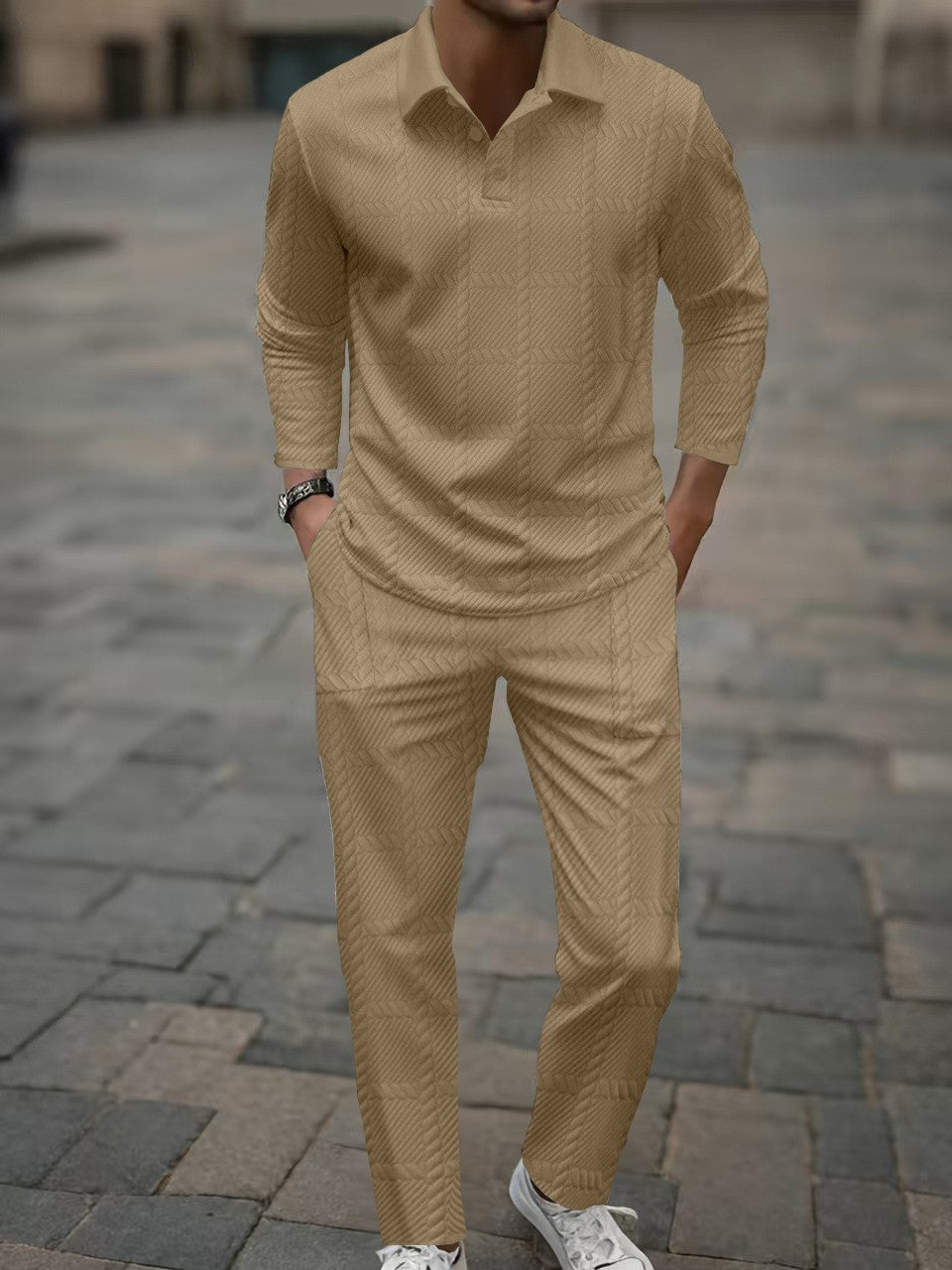 Herren modisches Langarm-Poloshirt und Slim-Fit Hose Set Echoarchiv