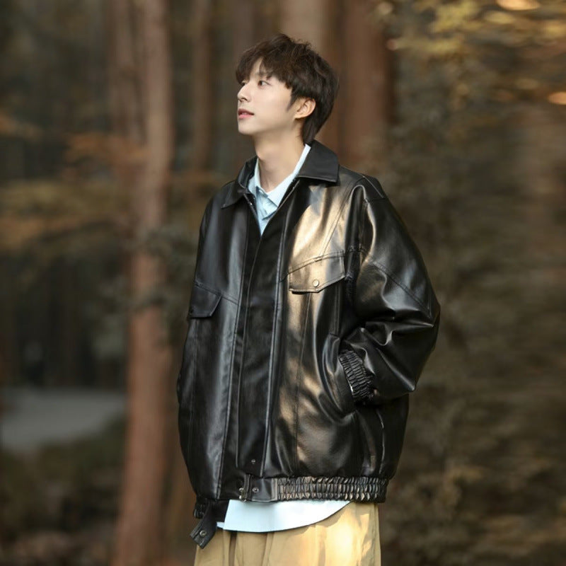 Herren Oversized Kunstleder Bomberjacke mit Pattentaschen Echoarchiv