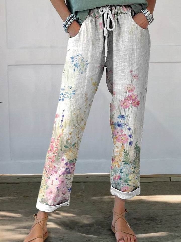 Damen Leinenoptik-Hose mit floralem Print, weitem Bein und Tunnelzug – Avélisse
