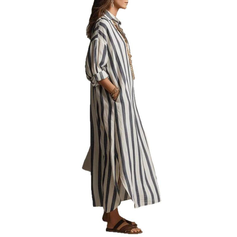 Damen Langes gestreiftes Hemdblusenkleid aus Leinenoptik mit V-Ausschnitt und Eingrifftaschen Echoarchiv