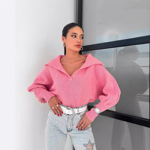 Damen Oversize Rippsweater mit Reverskragen und tiefem V‑Ausschnitt Echoarchiv