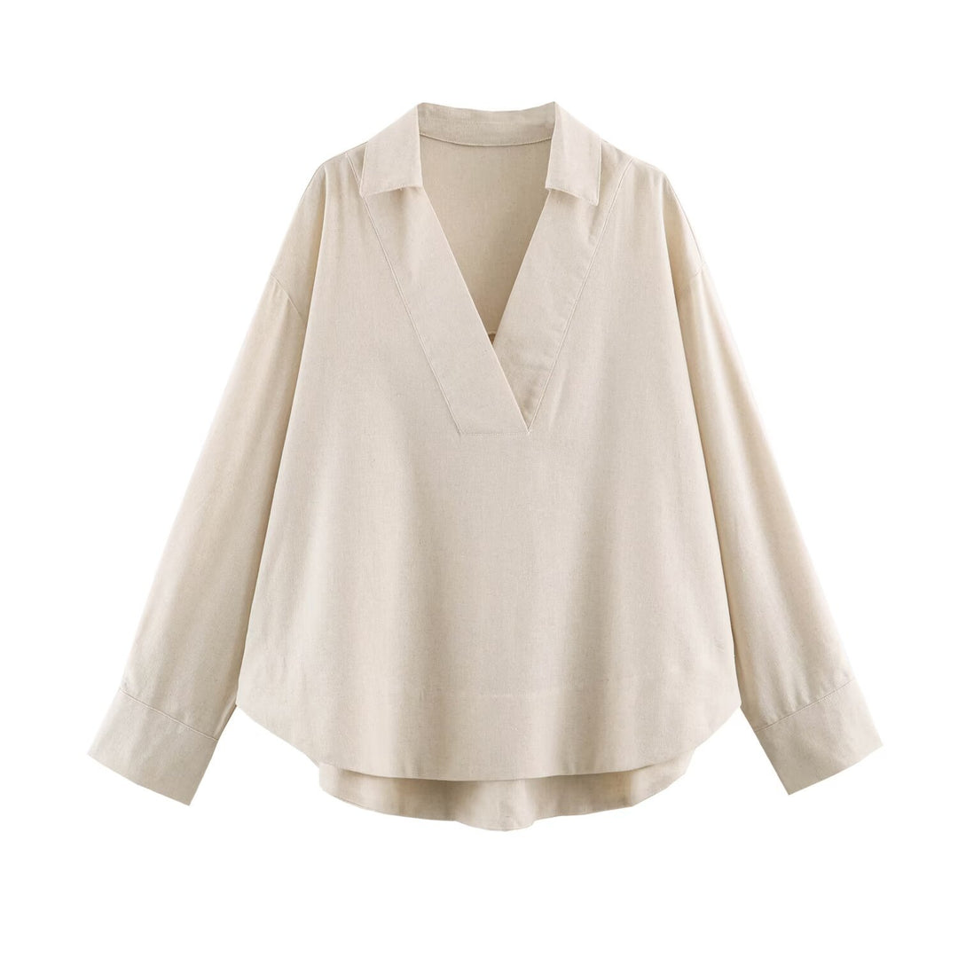 Damen Oversize Leinen-Mix Bluse mit tiefem V-Ausschnitt und Hemdkragen Echo Archiv