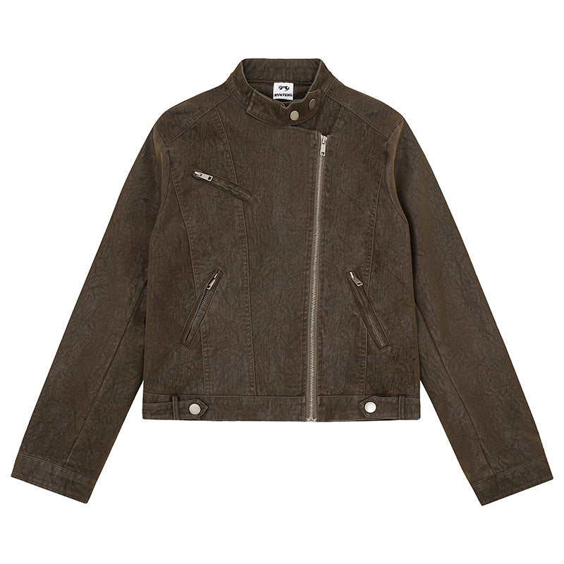 Damen Bikerjacke aus Kunstleder mit asymmetrischem Reißverschluss und Stehkragen Echoarchiv