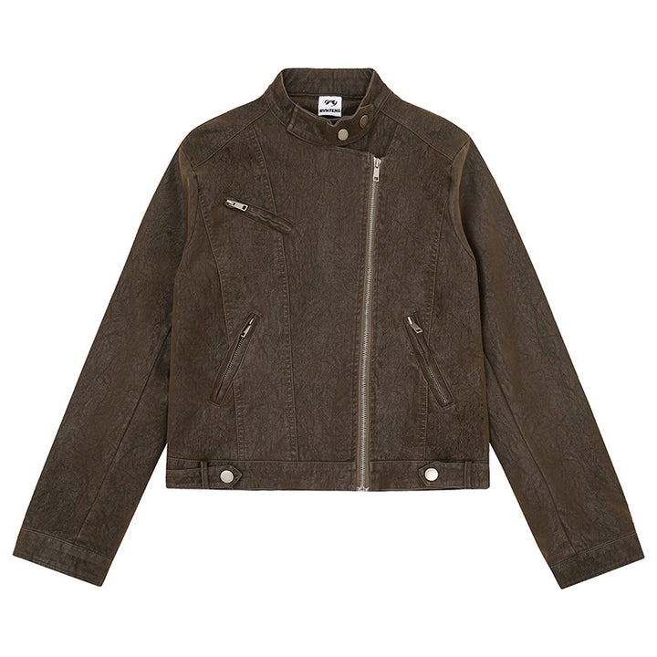 Damen Bikerjacke aus Kunstleder mit asymmetrischem Reißverschluss und Stehkragen Echoarchiv
