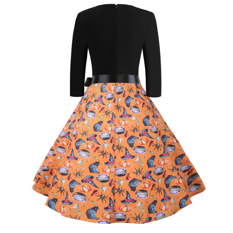 Damen Vintage-inspiriertes Swingkleid mit V-Ausschnitt, Dreiviertelärmeln und voluminösem Tellerrock – Élara