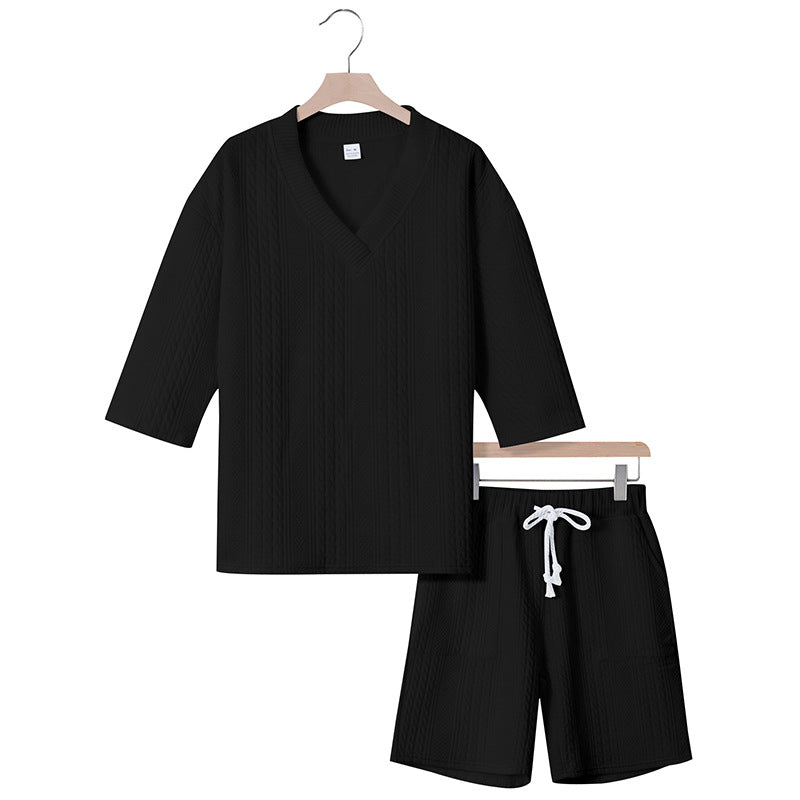 Unisex nan lässiges Lounge-Set mit V-Ausschnitt-Oberteil und Kordelbund-Shorts Echo Archiv