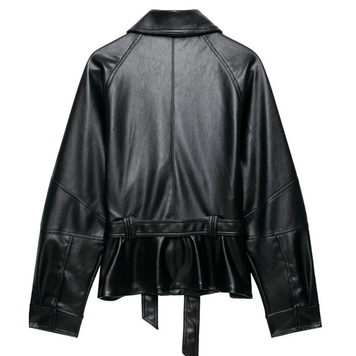 Damen Kurzjacke aus veganem Leder mit Taillengürtel und überschnittenen Schultern Echo Archiv