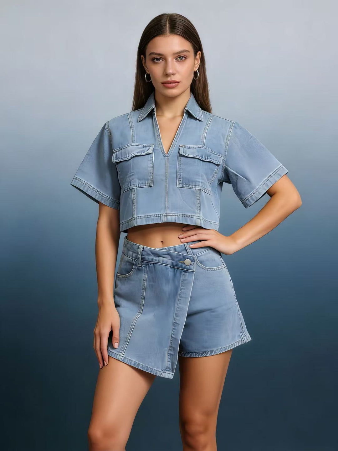 Damen modisches cropped Hemd mit aufgesetzten Taschen und lässigen Shorts Echo Archiv