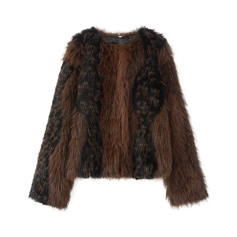 Damen kurzer Kunstfell-Blouson mit kontrastierten Streifen, Boxy-Cut und rundem Ausschnitt – Célinea