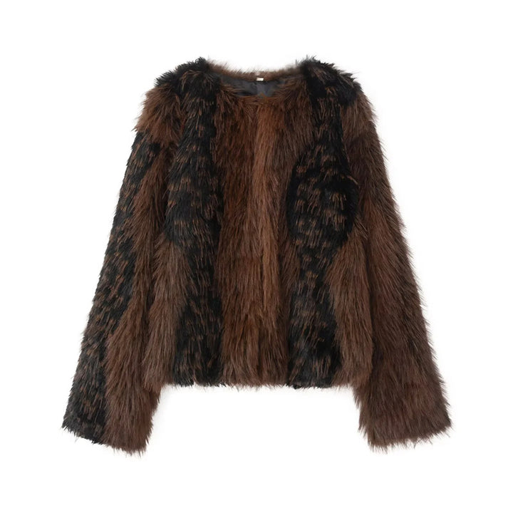 Damen kurzer Kunstfell-Blouson mit kontrastierten Streifen, Boxy-Cut und rundem Ausschnitt – Célinea