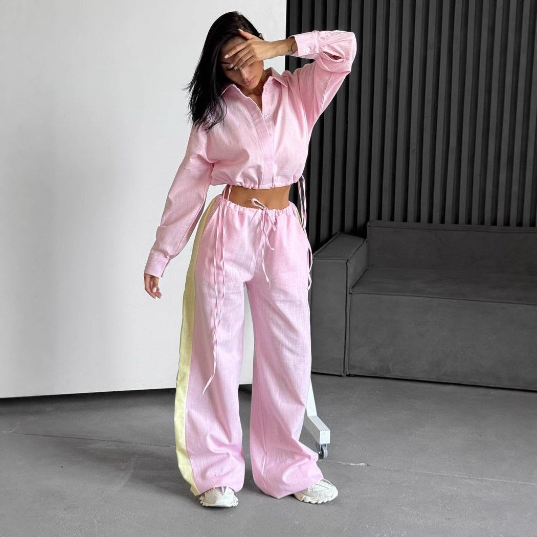 Damen Zweiteiliges Baumwoll-Leinen-Loungewear-Set mit Cropped-Hemdbluse und weitem Tunnelzug-Hose – Élanora
