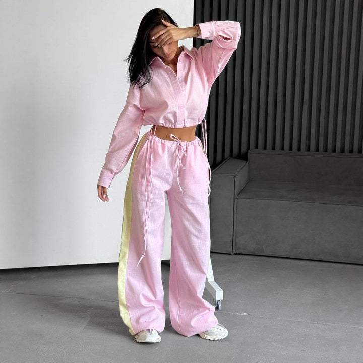 Damen Zweiteiliges Baumwoll-Leinen-Loungewear-Set mit Cropped-Hemdbluse und weitem Tunnelzug-Hose – Élanora