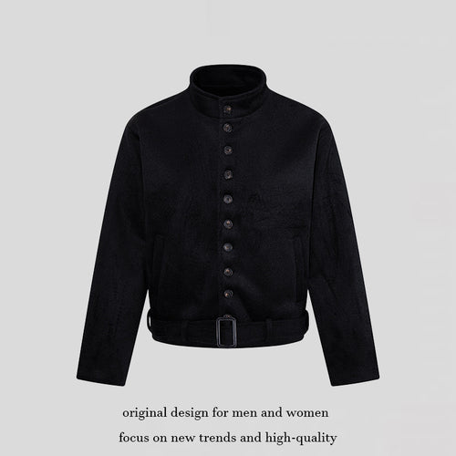 Herren Kurze Wollmix‑Jacke mit Stehkragen, durchgehender Knopfleiste und Taillengürtel Echoarchiv