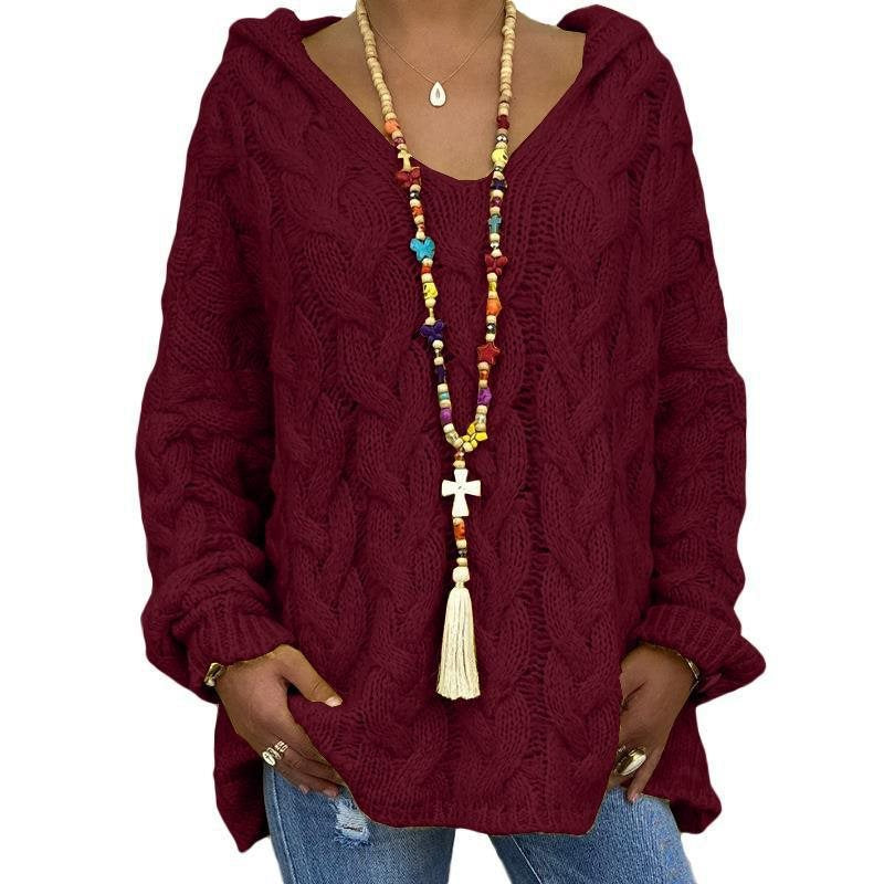 Damen Oversized Zopfmuster-Strickpullover mit Kapuze und lässigem V‑Ausschnitt Echo Archiv