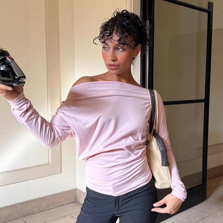 Damen nan asymmetrisches Off-Shoulder Longsleeve mit taillierter Silhouette und Daumenloch-Ärmeln Echo Archiv