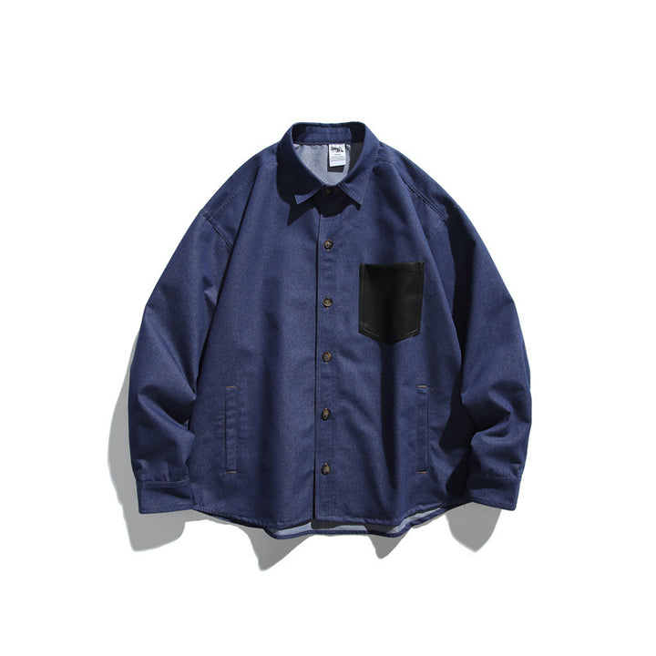 Unisex Oversize-Hemdjacke aus robuster Baumwollmischung mit kontrastierender Kunstleder-Brusttasche Echoarchiv