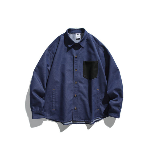 Unisex Oversize-Hemdjacke aus robuster Baumwollmischung mit kontrastierender Kunstleder-Brusttasche Echoarchiv