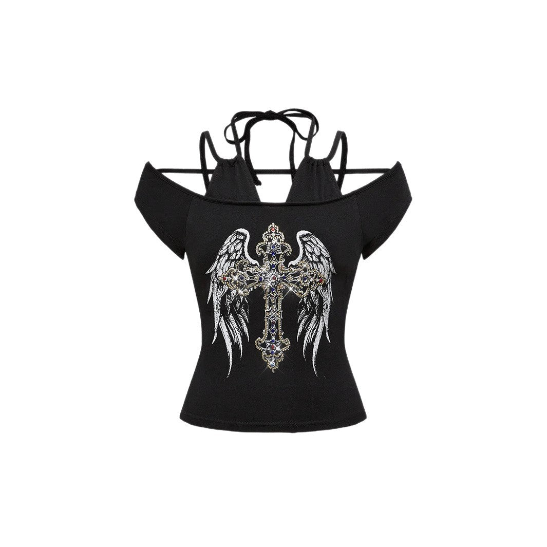 Damen Off-Shoulder Top mit funkelndem Kreuz-Design Echo Archiv