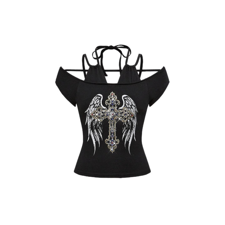 Damen Off-Shoulder Top mit funkelndem Kreuz-Design Echo Archiv