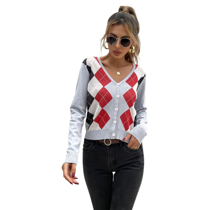 Damen Leichter Kurzcardigan mit Rautenmuster, V-Ausschnitt und Knopfleiste Echoarchiv