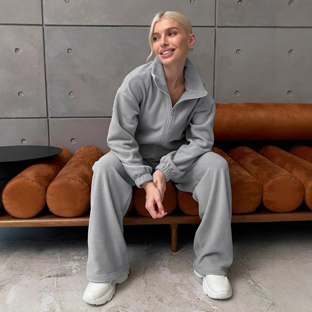 Damen Komfortables Fleece-Loungewear-Set mit kurzem Zip-Top und weiter High-Waist-Hose – Auréline