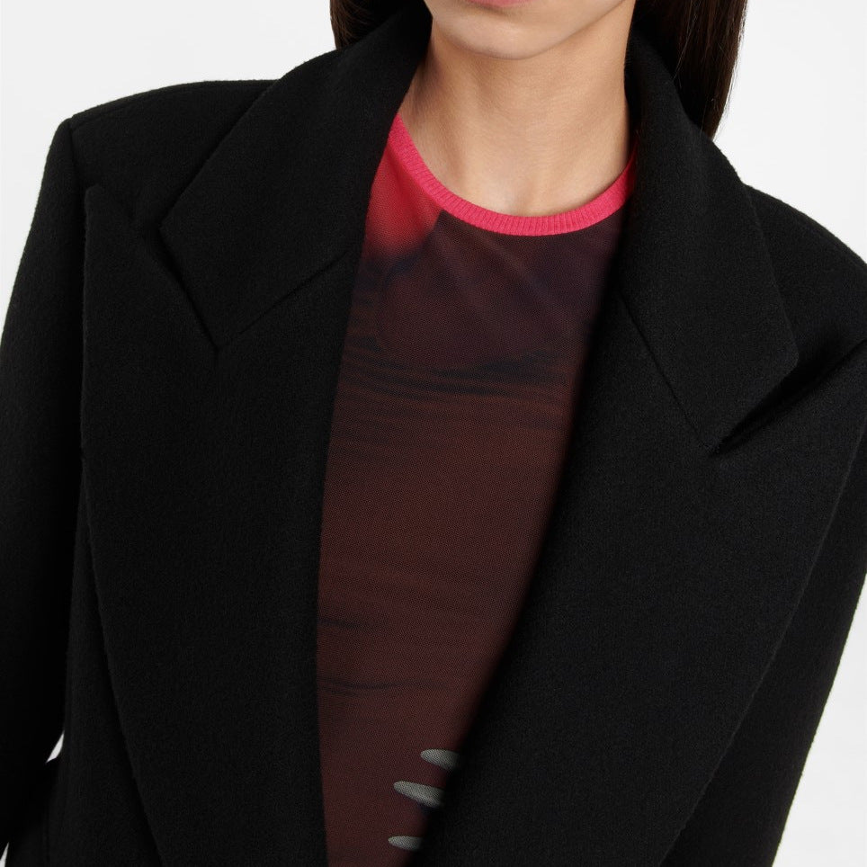 Damen Bodenlanger Longline Einreiher Wollmix-Mantel mit markanter Schulterpartie Echoarchiv