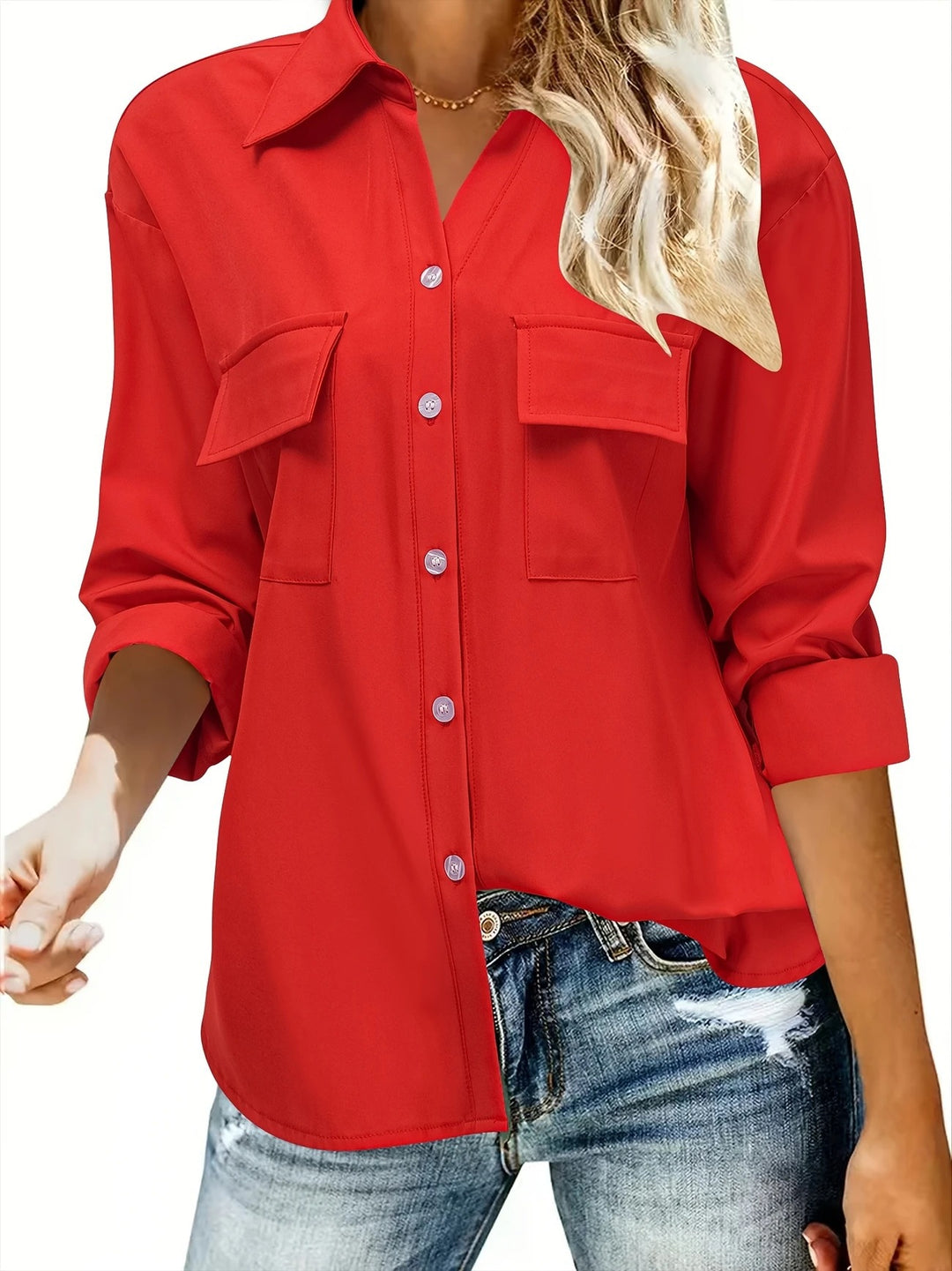 Damen Oversize-Hemdbluse mit Pattentaschen, durchgehender Knopfleiste und umgeschlagenen Ärmeln – Maréline