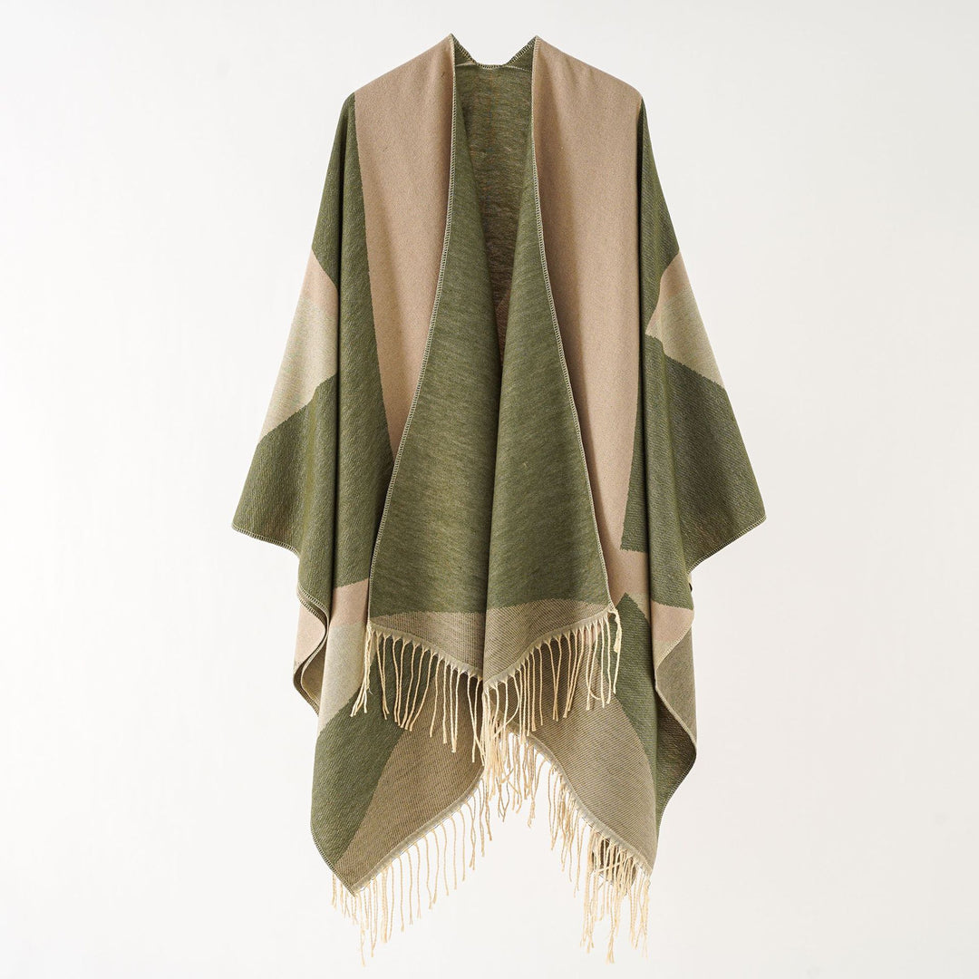 Damen Leichter reversibler Fransen-Umhang aus feiner Wollmischung – Montévia