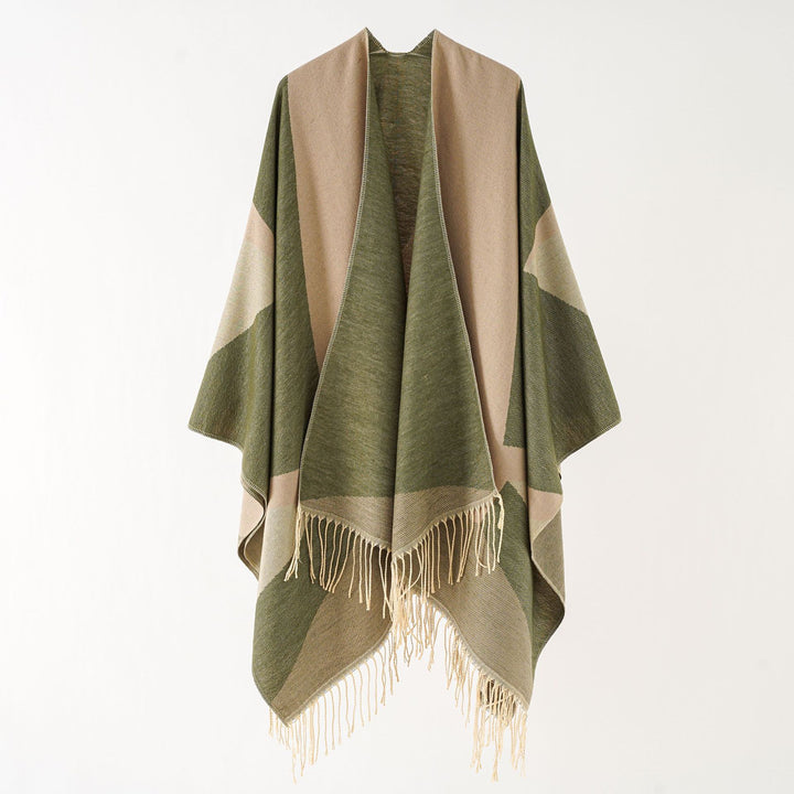 Damen Leichter reversibler Fransen-Umhang aus feiner Wollmischung – Montévia