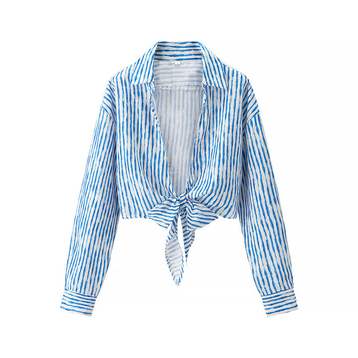 Damen geknotete Cropped-Bluse mit Hemdkragen und langen Ärmeln – Élovi