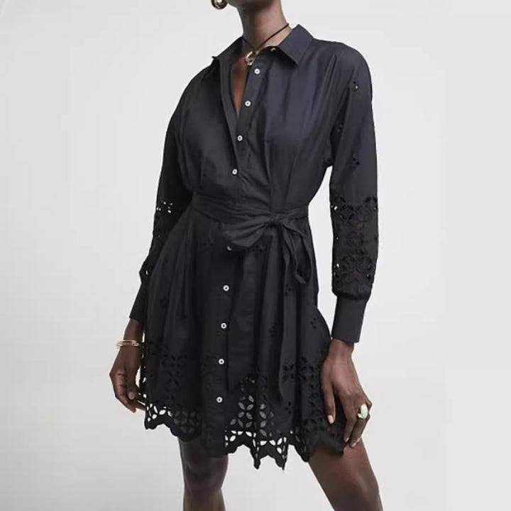 Damen Hemdblusenkleid mit Lochstickerei und Taillengürtel – Avérine