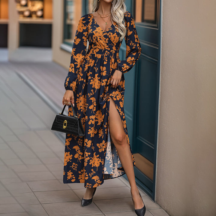 Damen Florales Maxikleid mit Wickel‑Dekolleté, Smock‑Taillenband und hohem Seitenschlitz Echoarchiv