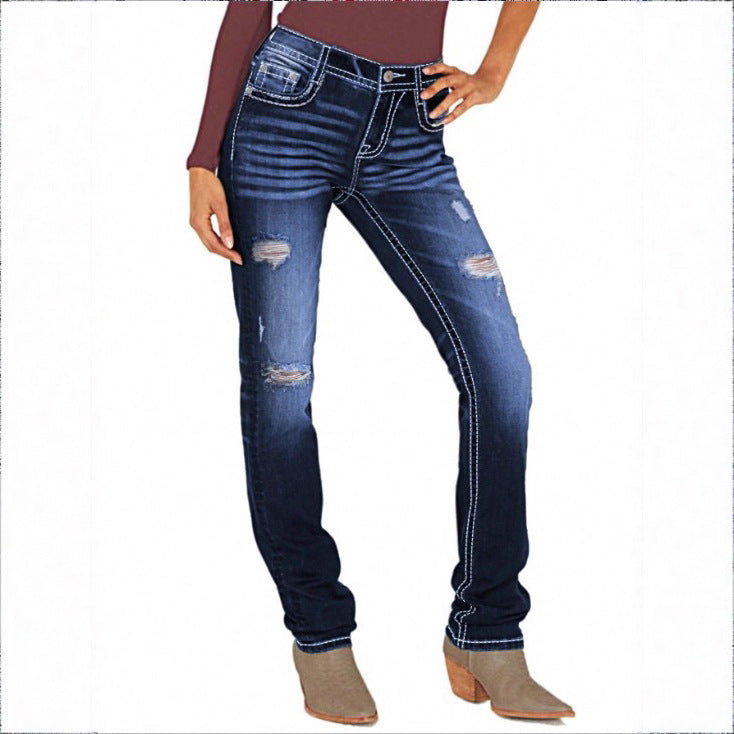 Damen Sculpting‑Straight‑Denim mit kontrastierender Nahtführung und Destroyed‑Details Echo Archiv
