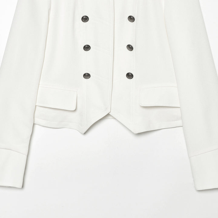 Damen Kurze militärisch-inspirierte Doppelreihige Jacke mit Stehkragen und Pattentaschen Echoarchiv
