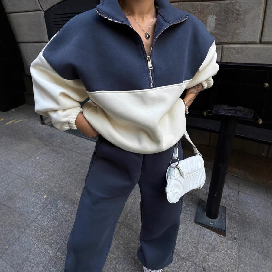 Damen Oversized Zweifarbiges Half-Zip Loungewear-Set mit Stehkragen und weitem Palazzo-Jogger – Avérine