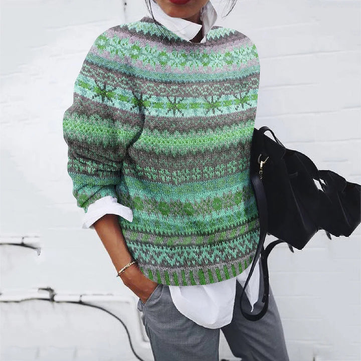 Damen gemusterter Strickpullover mit Rundhalsausschnitt, Fair Isle Muster und lässigem Oversized-Schnitt Echoarchiv