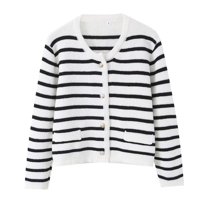 Damen Gestreifte Strickjacke mit Rundhalsausschnitt, Zierknopfleiste und aufgesetzten Taschen Echo Archiv