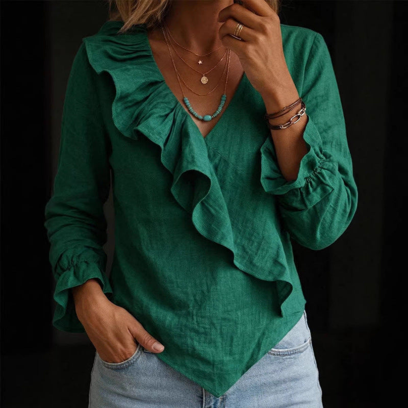 Damen Volant‑Bluse im Leinenlook mit Wickeloptik und asymmetrischem Zipfelsaum Echoarchiv