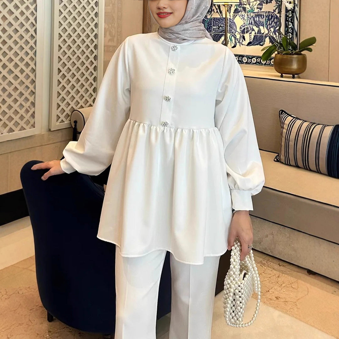 Damen Elegantes Tunika‑Hosen‑Set mit geraffter Empire‑Tunika und schlanker Anzughose Echoarchiv