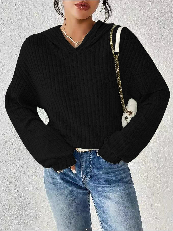 Damen Gerippter Kapuzenpullover mit V-Ausschnitt und Oversize-Ärmeln Echoarchiv