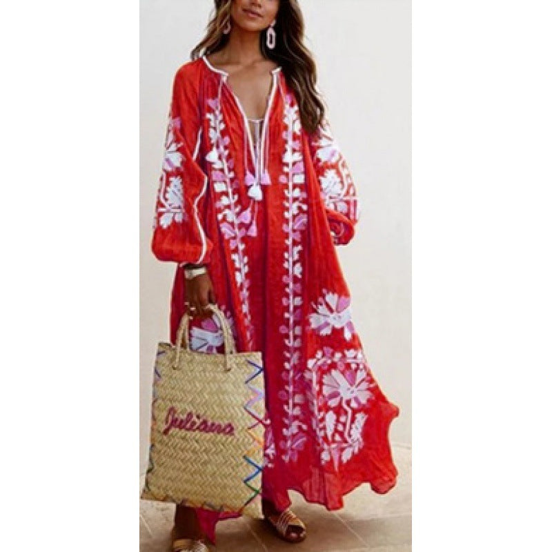 Damen Besticktes Boho-Maxikleid mit Ballonärmeln und Quastenverschluss – Valéora
