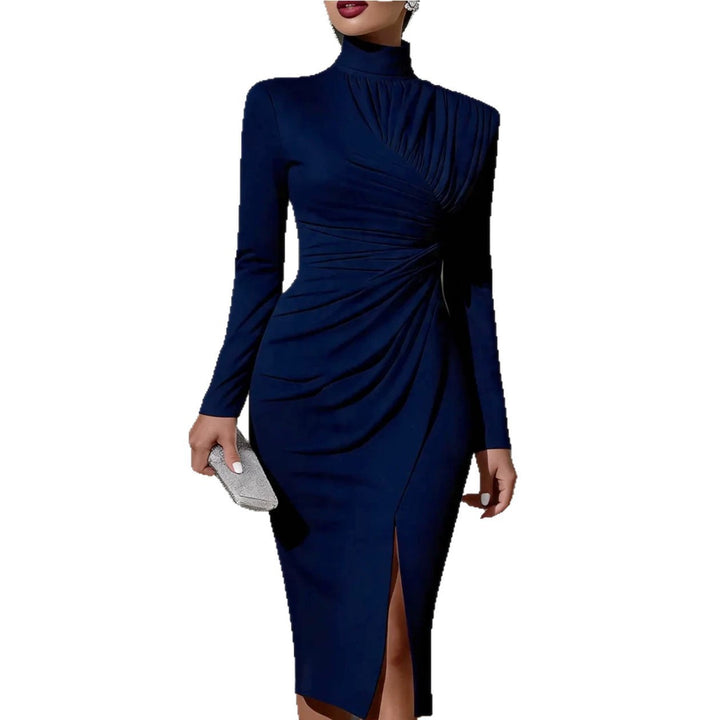 Damen Elegantes Midikleid mit geraffter Drapierung, Stehkragen und Beinschlitz Echoarchiv