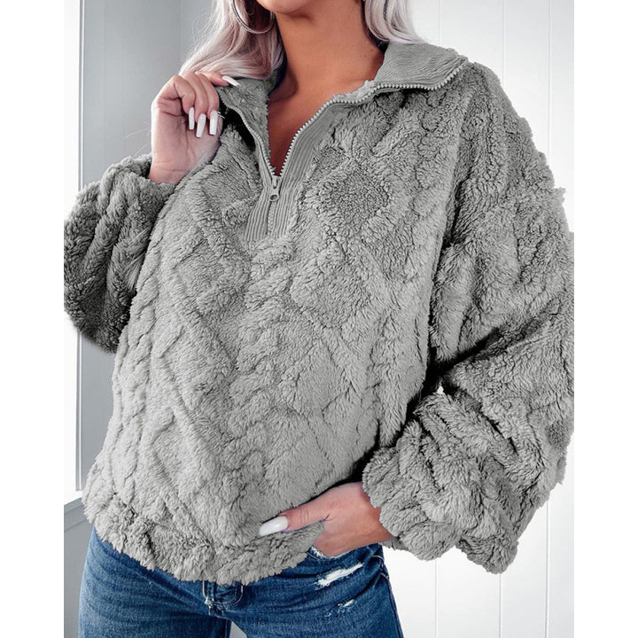 Damen Plüschpullover im Teddy-Look mit halbem Reißverschluss und strukturierter Rautenoptik Echo Archiv